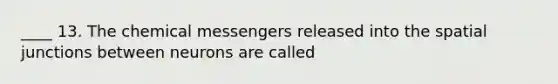 ____ 13. The chemical messengers released into the spatial junctions between neurons are called