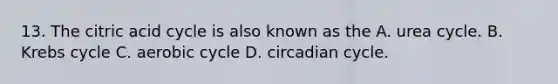 13. The citric acid cycle is also known as the A. urea cycle. B. Krebs cycle C. aerobic cycle D. circadian cycle.