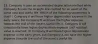 13. Company A uses an accelerated depreciation method while Company B uses the straight-line method for an asset of the same cost and useful life. Which of the following statements is true? I. Company A will have higher depreciation expense in the early years, but Company B will have the higher expense towards the end of the asset's useful life. II. Company A will consistently have higher depreciation expense until residual value is reached. III. Company B will have higher depreciation expense in the early years, but Company A will have the higher expense towards the end of the asset's useful life.