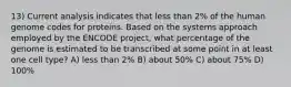 13) Current analysis indicates that less than 2% of the human genome codes for proteins. Based on the systems approach employed by the ENCODE project, what percentage of the genome is estimated to be transcribed at some point in at least one cell type? A) less than 2% B) about 50% C) about 75% D) 100%