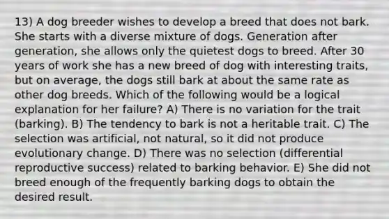 13) A dog breeder wishes to develop a breed that does not bark. She starts with a diverse mixture of dogs. Generation after generation, she allows only the quietest dogs to breed. After 30 years of work she has a new breed of dog with interesting traits, but on average, the dogs still bark at about the same rate as other dog breeds. Which of the following would be a logical explanation for her failure? A) There is no variation for the trait (barking). B) The tendency to bark is not a heritable trait. C) The selection was artificial, not natural, so it did not produce evolutionary change. D) There was no selection (differential reproductive success) related to barking behavior. E) She did not breed enough of the frequently barking dogs to obtain the desired result.