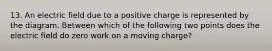 13. An electric field due to a positive charge is represented by the diagram. Between which of the following two points does the electric field do zero work on a moving charge?