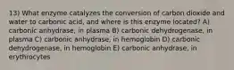 13) What enzyme catalyzes the conversion of carbon dioxide and water to carbonic acid, and where is this enzyme located? A) carbonic anhydrase, in plasma B) carbonic dehydrogenase, in plasma C) carbonic anhydrase, in hemoglobin D) carbonic dehydrogenase, in hemoglobin E) carbonic anhydrase, in erythrocytes