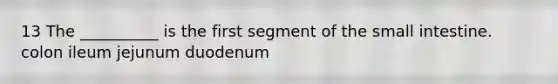 13 The __________ is the first segment of the small intestine. colon ileum jejunum duodenum