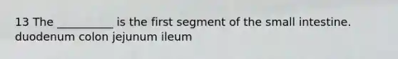 13 The __________ is the first segment of the small intestine. duodenum colon jejunum ileum