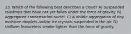 13. Which of the following best describes a cloud? A) Suspended raindrops that have not yet fallen under the force of gravity. B) Aggregated condensation nuclei. C) A visible aggregation of tiny moisture droplets and/or ice crystals suspended in the air. D) Uniform featureless smoke lighter than the force of gravity.