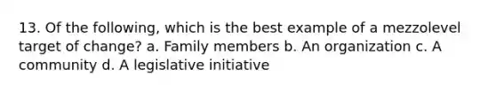 13. Of the following, which is the best example of a mezzolevel target of change? a. Family members b. An organization c. A community d. A legislative initiative