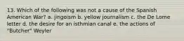 13. Which of the following was not a cause of the Spanish American War? a. jingoism b. yellow journalism c. the De Lome letter d. the desire for an isthmian canal e. the actions of "Butcher" Weyler