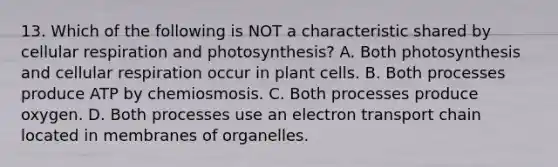 13. Which of the following is NOT a characteristic shared by <a href='https://www.questionai.com/knowledge/k1IqNYBAJw-cellular-respiration' class='anchor-knowledge'>cellular respiration</a> and photosynthesis? A. Both photosynthesis and cellular respiration occur in plant cells. B. Both processes produce ATP by chemiosmosis. C. Both processes produce oxygen. D. Both processes use an electron transport chain located in membranes of organelles.