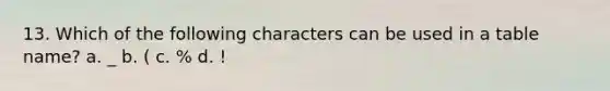 13. Which of the following characters can be used in a table name? a. _ b. ( c. % d. !