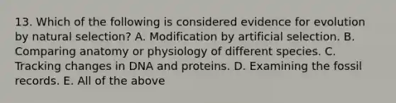 13. Which of the following is considered evidence for evolution by natural selection? A. Modification by artificial selection. B. Comparing anatomy or physiology of different species. C. Tracking changes in DNA and proteins. D. Examining the fossil records. E. All of the above