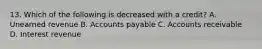 13. Which of the following is decreased with a credit? A. Unearned revenue B. Accounts payable C. Accounts receivable D. Interest revenue