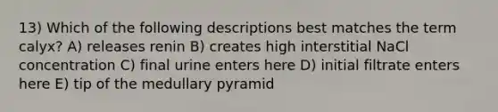 13) Which of the following descriptions best matches the term calyx? A) releases renin B) creates high interstitial NaCl concentration C) final urine enters here D) initial filtrate enters here E) tip of the medullary pyramid