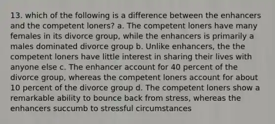 13. which of the following is a difference between the enhancers and the competent loners? a. The competent loners have many females in its divorce group, while the enhancers is primarily a males dominated divorce group b. Unlike enhancers, the the competent loners have little interest in sharing their lives with anyone else c. The enhancer account for 40 percent of the divorce group, whereas the competent loners account for about 10 percent of the divorce group d. The competent loners show a remarkable ability to bounce back from stress, whereas the enhancers succumb to stressful circumstances