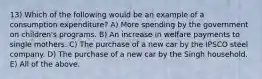 13) Which of the following would be an example of a consumption expenditure? A) More spending by the government on children's programs. B) An increase in welfare payments to single mothers. C) The purchase of a new car by the IPSCO steel company. D) The purchase of a new car by the Singh household. E) All of the above.