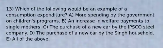 13) Which of the following would be an example of a consumption expenditure? A) More spending by the government on children's programs. B) An increase in welfare payments to single mothers. C) The purchase of a new car by the IPSCO steel company. D) The purchase of a new car by the Singh household. E) All of the above.