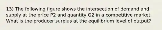 13) The following figure shows the intersection of demand and supply at the price P2 and quantity Q2 in a competitive market. What is the producer surplus at the equilibrium level of output?