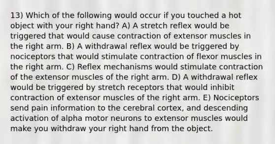 13) Which of the following would occur if you touched a hot object with your right hand? A) A stretch reflex would be triggered that would cause contraction of extensor muscles in the right arm. B) A withdrawal reflex would be triggered by nociceptors that would stimulate contraction of flexor muscles in the right arm. C) Reflex mechanisms would stimulate contraction of the extensor muscles of the right arm. D) A withdrawal reflex would be triggered by stretch receptors that would inhibit contraction of extensor muscles of the right arm. E) Nociceptors send pain information to the cerebral cortex, and descending activation of alpha motor neurons to extensor muscles would make you withdraw your right hand from the object.