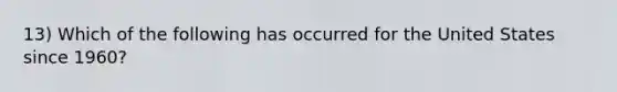 13) Which of the following has occurred for the United States since 1960?