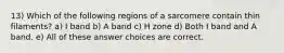 13) Which of the following regions of a sarcomere contain thin filaments? a) I band b) A band c) H zone d) Both I band and A band. e) All of these answer choices are correct.