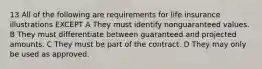 13 All of the following are requirements for life insurance illustrations EXCEPT A They must identify nonguaranteed values. B They must differentiate between guaranteed and projected amounts. C They must be part of the contract. D They may only be used as approved.