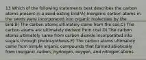 13 Which of the following statements best describes the carbon atoms present in a seed-eating bird?A) Inorganic carbon atoms in the seeds were incorporated into organic molecules by the bird.B) The carbon atoms ultimately came from the soil.C) The carbon atoms are ultimately derived from coal.D) The carbon atoms ultimately came from carbon dioxide incorporated into sugars through photosynthesis.E) The carbon atoms ultimately came from simple organic compounds that formed abiotically from inorganic carbon, hydrogen, oxygen, and nitrogen atoms.