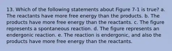 13. Which of the following statements about Figure 7-1 is true? a. The reactants have more free energy than the products. b. The products have more free energy than the reactants. c. The figure represents a spontaneous reaction. d. The figure represents an endergonic reaction. e. The reaction is endergonic, and also the products have more free energy than the reactants.