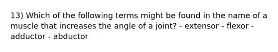 13) Which of the following terms might be found in the name of a muscle that increases the angle of a joint? - extensor - flexor - adductor - abductor