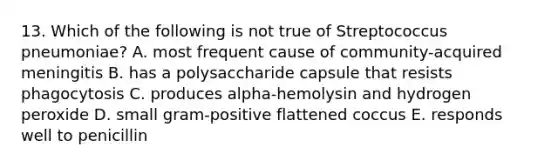 13. Which of the following is not true of Streptococcus pneumoniae? A. most frequent cause of community-acquired meningitis B. has a polysaccharide capsule that resists phagocytosis C. produces alpha-hemolysin and hydrogen peroxide D. small gram-positive flattened coccus E. responds well to penicillin