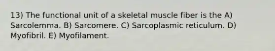 13) The functional unit of a skeletal muscle fiber is the A) Sarcolemma. B) Sarcomere. C) Sarcoplasmic reticulum. D) Myofibril. E) Myofilament.