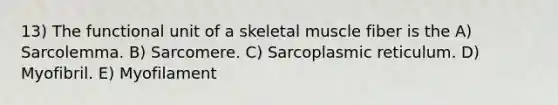 13) The functional unit of a skeletal muscle fiber is the A) Sarcolemma. B) Sarcomere. C) Sarcoplasmic reticulum. D) Myofibril. E) Myofilament