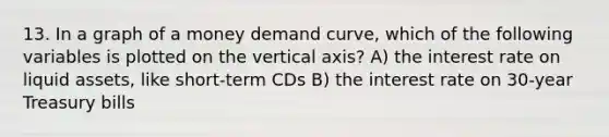 13. In a graph of a money demand curve, which of the following variables is plotted on the vertical axis? A) the interest rate on liquid assets, like short-term CDs B) the interest rate on 30-year Treasury bills