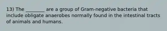 13) The ________ are a group of Gram-negative bacteria that include obligate anaerobes normally found in the intestinal tracts of animals and humans.