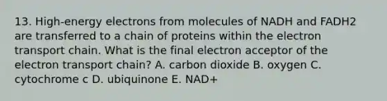 13. High-energy electrons from molecules of NADH and FADH2 are transferred to a chain of proteins within the electron transport chain. What is the final electron acceptor of the electron transport chain? A. carbon dioxide B. oxygen C. cytochrome c D. ubiquinone E. NAD+