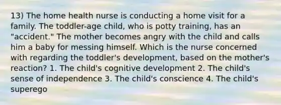 13) The home health nurse is conducting a home visit for a family. The toddler-age child, who is potty training, has an "accident." The mother becomes angry with the child and calls him a baby for messing himself. Which is the nurse concerned with regarding the toddler's development, based on the mother's reaction? 1. The child's cognitive development 2. The child's sense of independence 3. The child's conscience 4. The child's superego