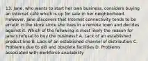 13. Jane, who wants to start her own business, considers buying an Internet café which is up for sale in her neighborhood. However, Jane discovers that Internet connectivity tends to be erratic in the store since she lives in a remote town and decides against it. Which of the following is most likely the reason for Jane's refusal to buy the business? A. Lack of an established product line B. Lack of an established channel of distribution C. Problems due to old and obsolete facilities D. Problems associated with workforce availability