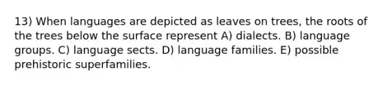 13) When languages are depicted as leaves on trees, the roots of the trees below the surface represent A) dialects. B) language groups. C) language sects. D) language families. E) possible prehistoric superfamilies.