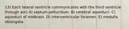 13) Each lateral ventricle communicates with the third ventricle through a(n) A) septum pellucidum. B) cerebral aqueduct. C) aqueduct of midbrain. D) interventricular foramen. E) medulla oblongata.