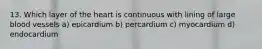 13. Which layer of the heart is continuous with lining of large blood vessels a) epicardium b) percardium c) myocardium d) endocardium