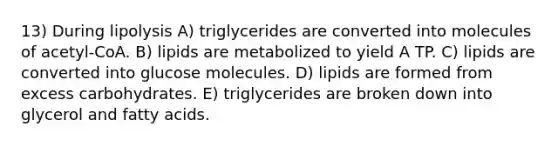 13) During lipolysis A) triglycerides are converted into molecules of acetyl-CoA. B) lipids are metabolized to yield A TP. C) lipids are converted into glucose molecules. D) lipids are formed from excess carbohydrates. E) triglycerides are broken down into glycerol and fatty acids.