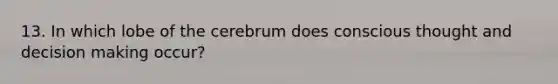 13. In which lobe of the cerebrum does conscious thought and <a href='https://www.questionai.com/knowledge/kuI1pP196d-decision-making' class='anchor-knowledge'>decision making</a> occur?