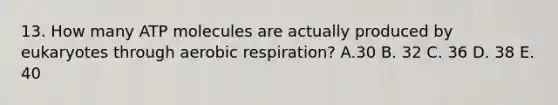 13. How many ATP molecules are actually produced by eukaryotes through aerobic respiration? A.30 B. 32 C. 36 D. 38 E. 40