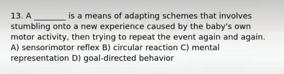 13. A ________ is a means of adapting schemes that involves stumbling onto a new experience caused by the baby's own motor activity, then trying to repeat the event again and again. A) sensorimotor reflex B) circular reaction C) mental representation D) goal-directed behavior