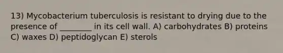 13) Mycobacterium tuberculosis is resistant to drying due to the presence of ________ in its cell wall. A) carbohydrates B) proteins C) waxes D) peptidoglycan E) sterols