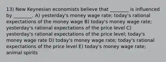 13) New Keynesian economists believe that ________ is influenced by ________. A) yesterday's money wage rate; today's rational expectations of the money wage B) today's money wage rate; yesterday's rational expectations of the price level C) yesterday's rational expectations of the price level; today's money wage rate D) today's money wage rate; today's rational expectations of the price level E) today's money wage rate; animal spirits