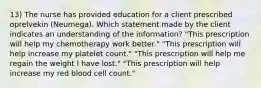 13) The nurse has provided education for a client prescribed oprelvekin (Neumega). Which statement made by the client indicates an understanding of the information? "This prescription will help my chemotherapy work better." "This prescription will help increase my platelet count." "This prescription will help me regain the weight I have lost." "This prescription will help increase my red blood cell count."