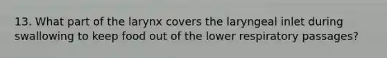13. What part of the larynx covers the laryngeal inlet during swallowing to keep food out of the lower respiratory passages?
