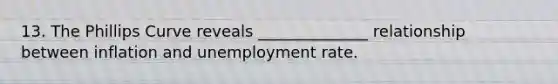 13. The Phillips Curve reveals ______________ relationship between inflation and unemployment rate.