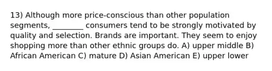 13) Although more price-conscious than other population segments, ________ consumers tend to be strongly motivated by quality and selection. Brands are important. They seem to enjoy shopping more than other ethnic groups do. A) upper middle B) African American C) mature D) Asian American E) upper lower