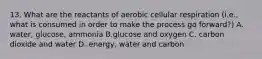 13. What are the reactants of aerobic cellular respiration (i.e., what is consumed in order to make the process go forward?) A. water, glucose, ammonia B.glucose and oxygen C. carbon dioxide and water D. energy, water and carbon